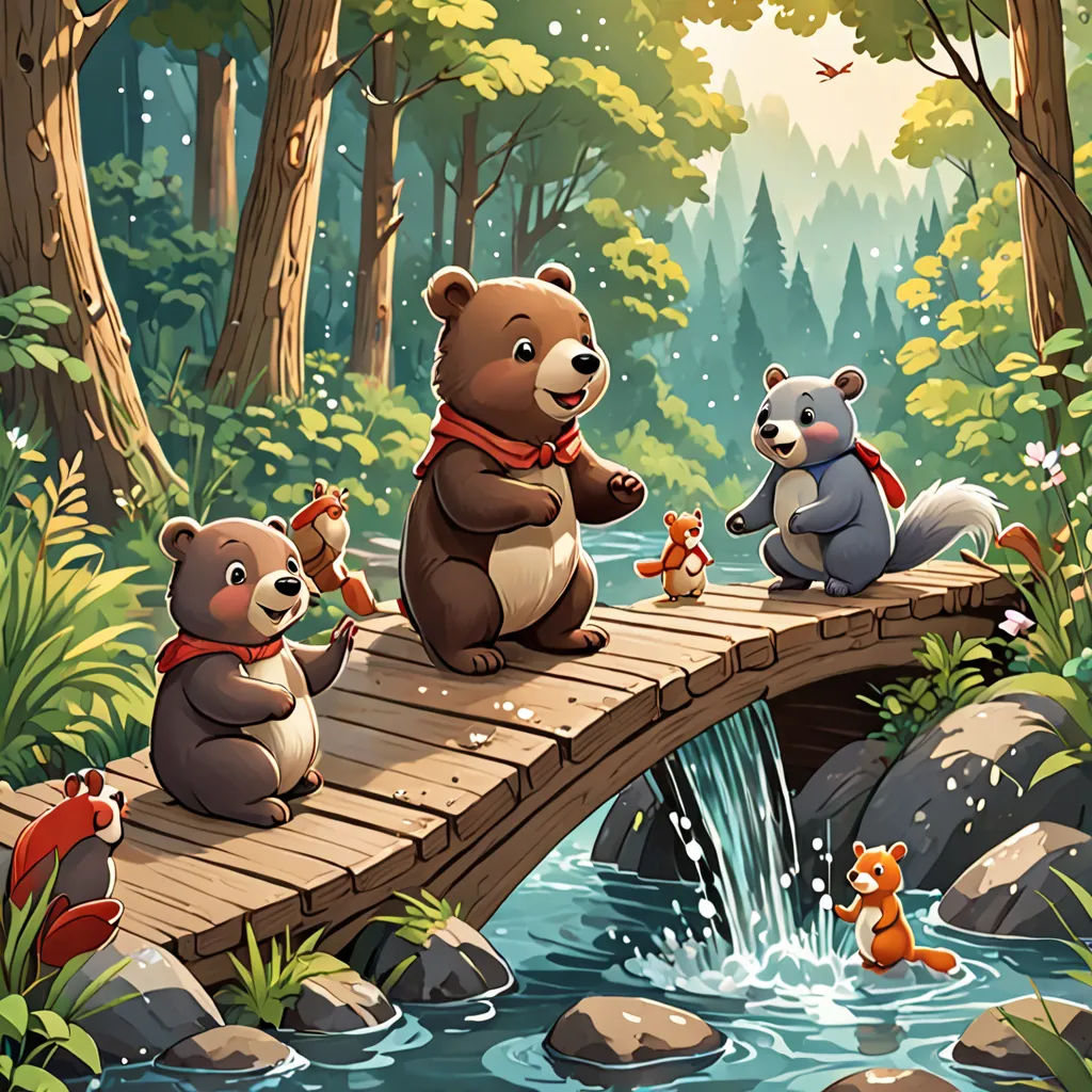 a bear and other animals are crossing a bridge over a stream in a forest with a waterfall and a forest background, fantasy art, a storybook illustration, Chris LaBrooy, storybook illustration