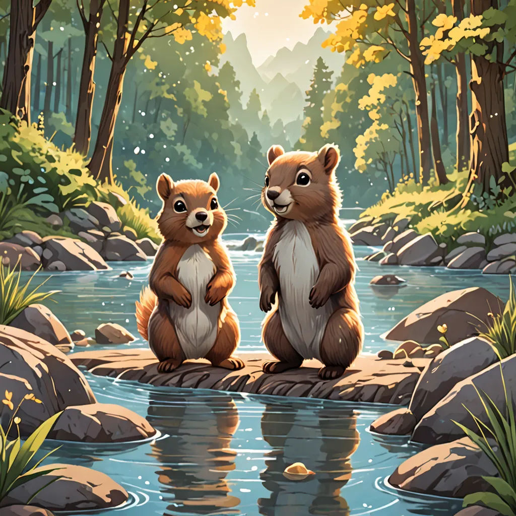 two brown bears sitting on rocks in a river surrounded by trees and rocks, with a stream running between them, american scene painting, a storybook illustration, Chris LaBrooy, official art