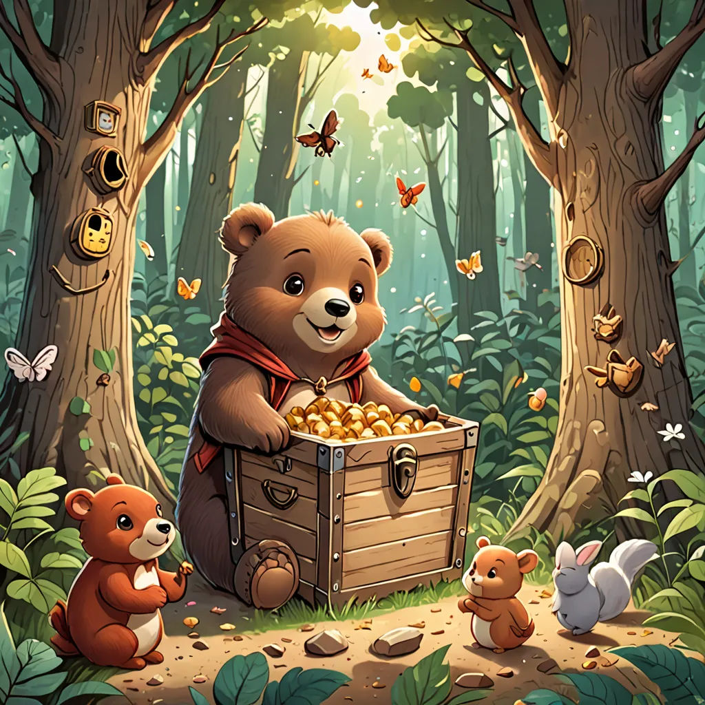 a bear sitting in a trunk with a bunch of gold coins in it in the woods with other animals, fantasy art, a storybook illustration, Chris LaBrooy, official art