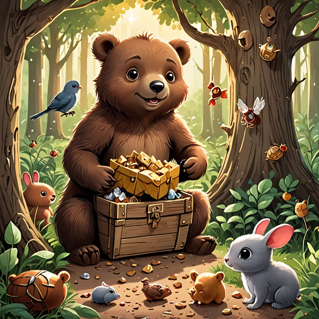 a bear sitting in a forest with a box of gifts in it's lap and a rabbit sitting in the grass, fantasy art, a storybook illustration, Chris LaBrooy, official art