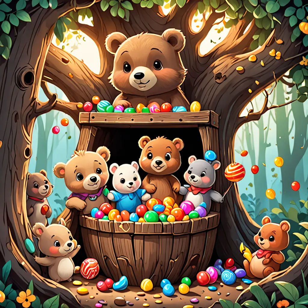 a group of teddy bears in a wooden barrel filled with candy and candy eggs in a forest with a tree, fantasy art, a storybook illustration, Chris LaBrooy, highly detailed digital painting
