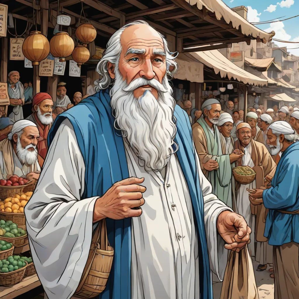 a painting of a man with a long white beard and a blue robe and a white beard and a crowd of people, high detail illustration, neoism, a storybook illustration, Asaf Hanuka