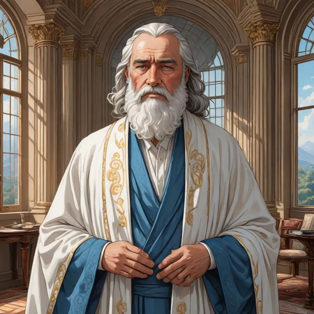 a painting of a man with a beard and a robe on standing in a room with windows and a table, kinkade, american scene painting, a detailed painting, Christophe Vacher