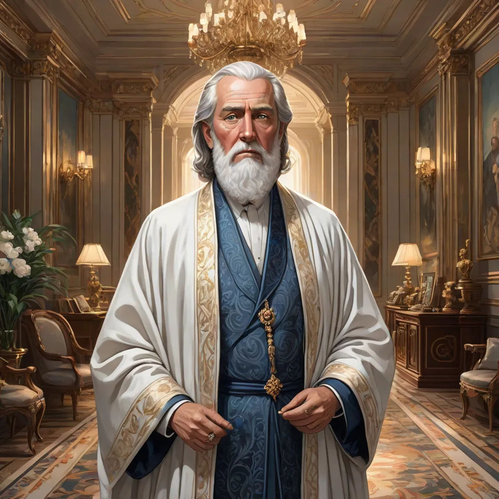 a painting of a man in a white robe and blue robe with a cross in his hand and a chandelier in the background, official art, classical realism, a detailed painting, Donato Giancola