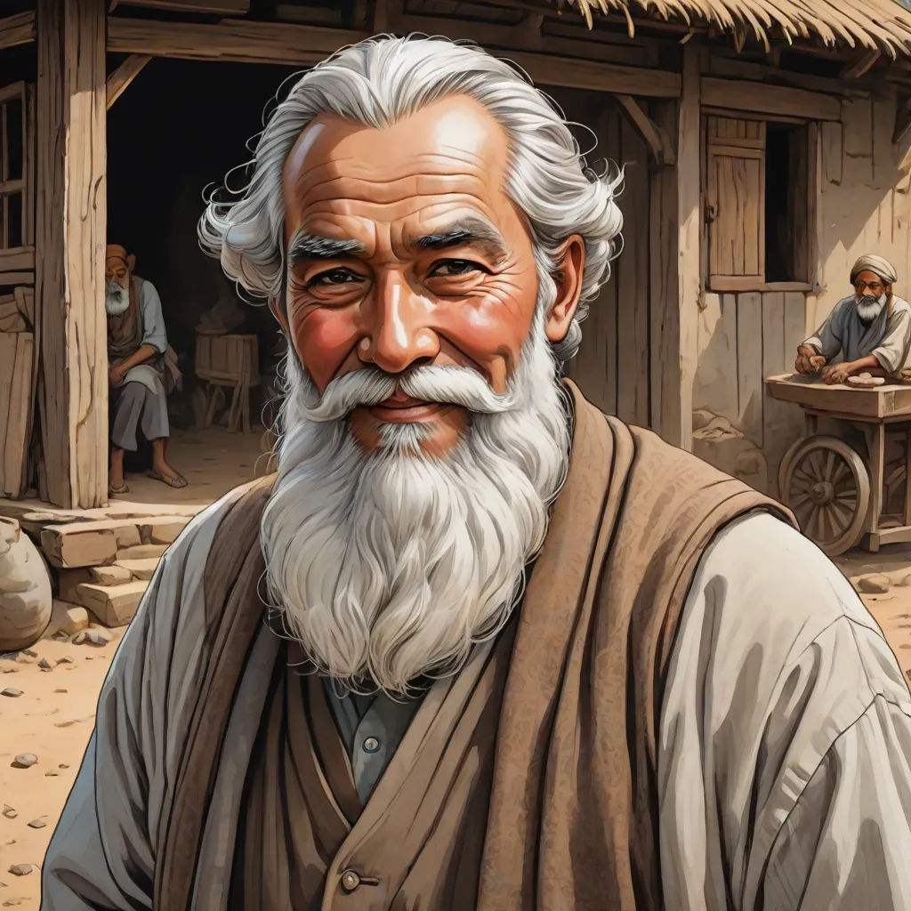 a painting of a man with a beard and a white beard and a brown vest and a straw hut, highly detailed digital painting, figurative art, a character portrait, Eric de Kolb