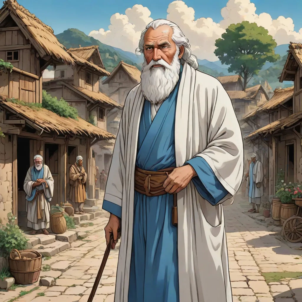 a man with a long white beard and a long white beard is standing in a village with a cane, official art, fantasy art, a storybook illustration, ESAO