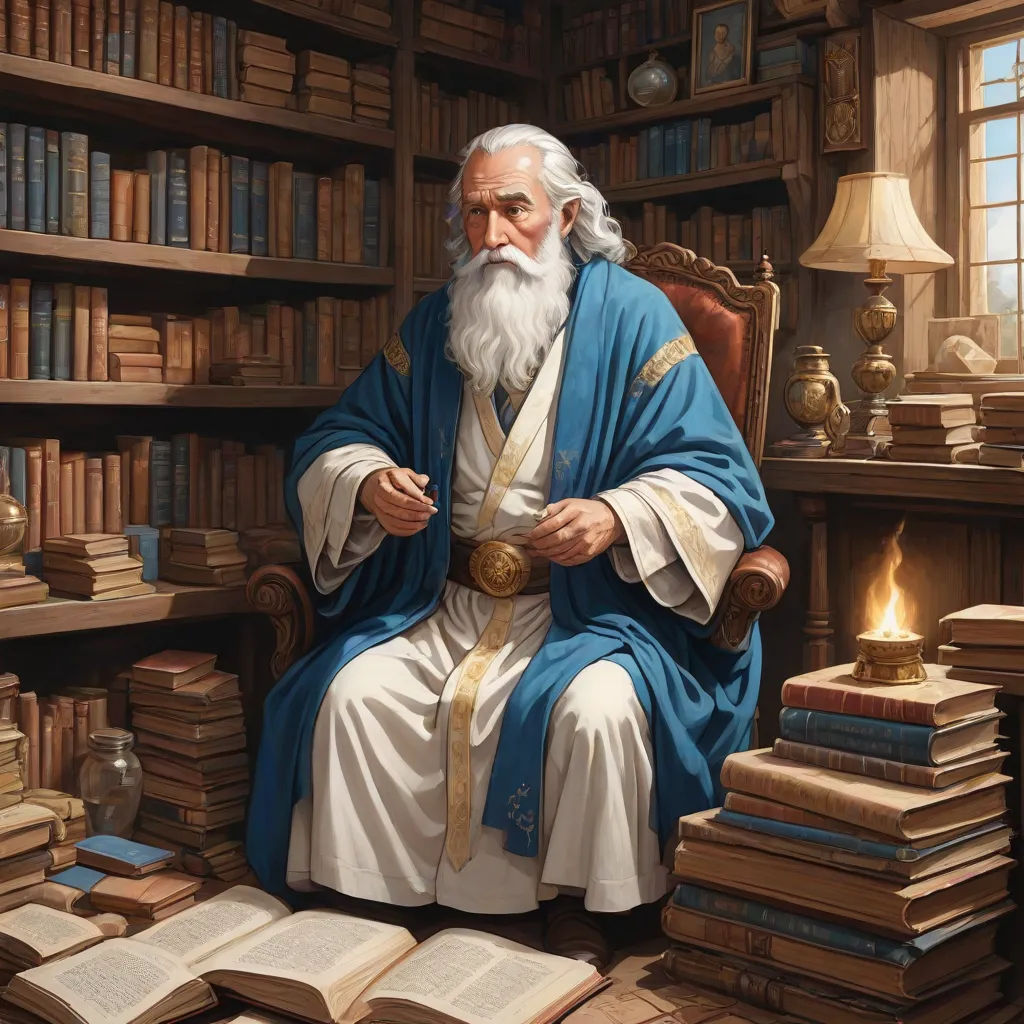 a painting of a man sitting in a chair in a library with books on the floor and a lamp on the table, epic fantasy character art, fantasy art, a detailed painting, Donato Giancola
