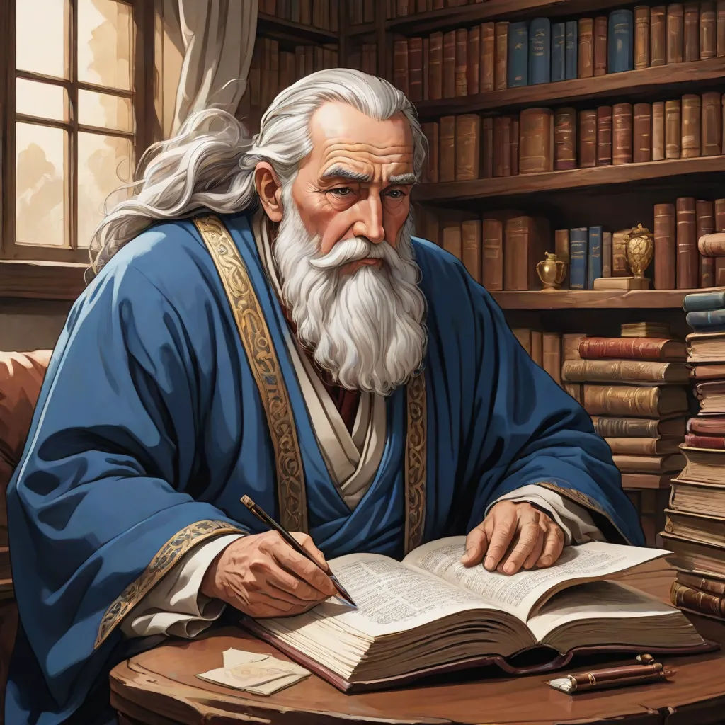 a painting of a man sitting at a table with a book in his hand and a pen in his other hand, epic fantasy character art, fantasy art, a storybook illustration, Donato Giancola