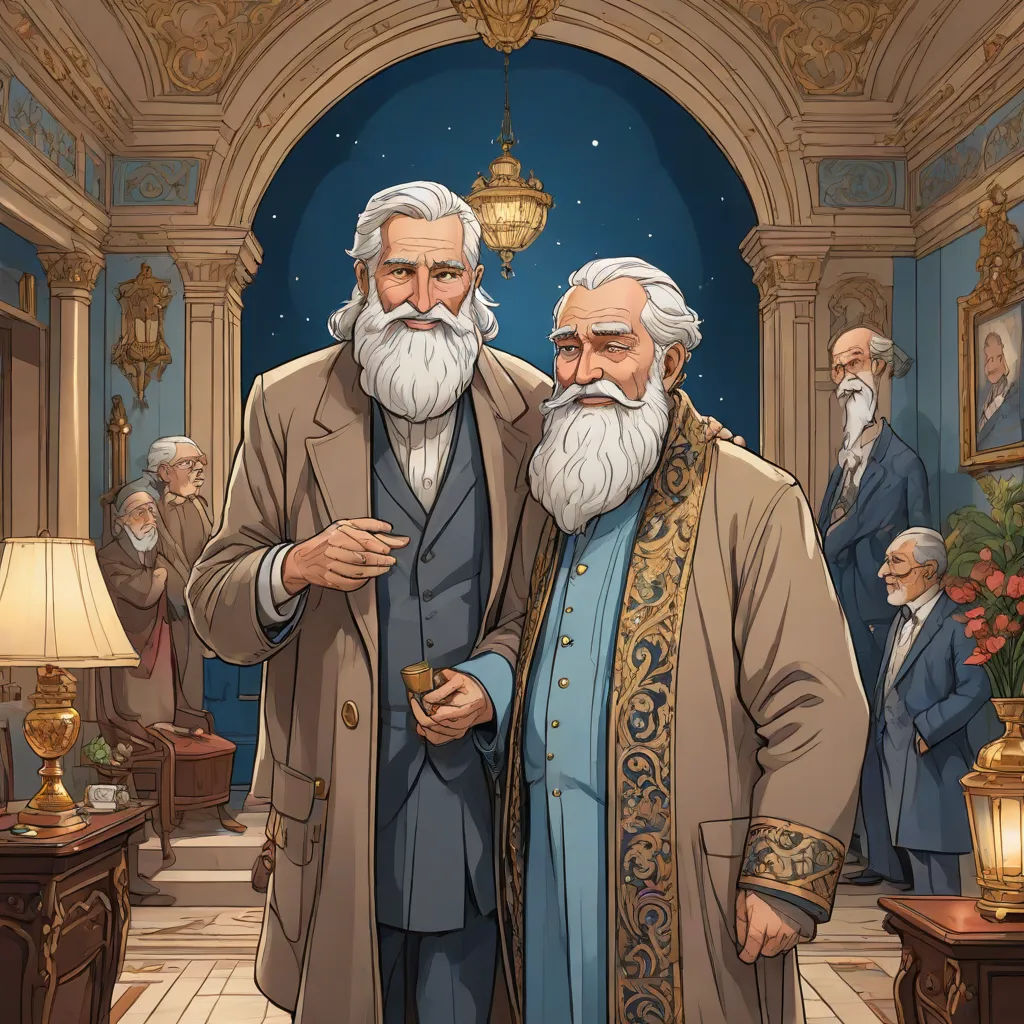 a couple of men standing next to each other in a room with a chandelier and a lamp, official art, classical realism, a storybook illustration, Brothers Hildebrandt