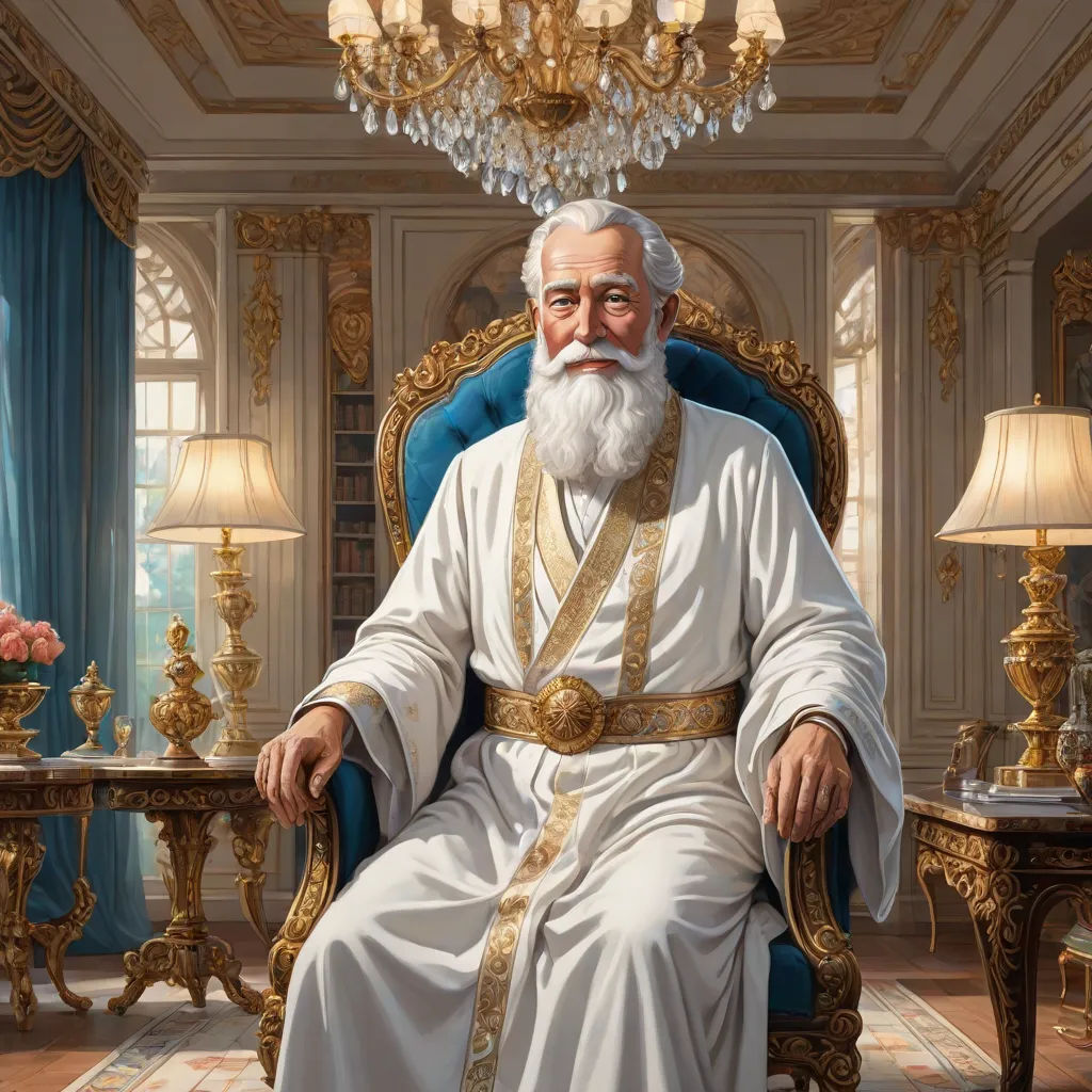 a painting of a man sitting in a chair with a chandelier in the background and a chandelier hanging from the ceiling, highly detailed digital painting, qajar art, a detailed painting, Christophe Vacher