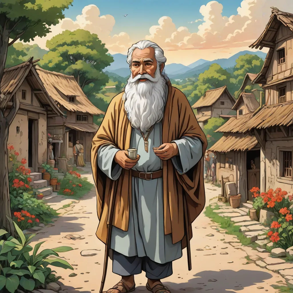 a man with a long white beard and a long white beard is standing in a village with a tree and flowers, official art, naive art, a character portrait, Asaf Hanuka