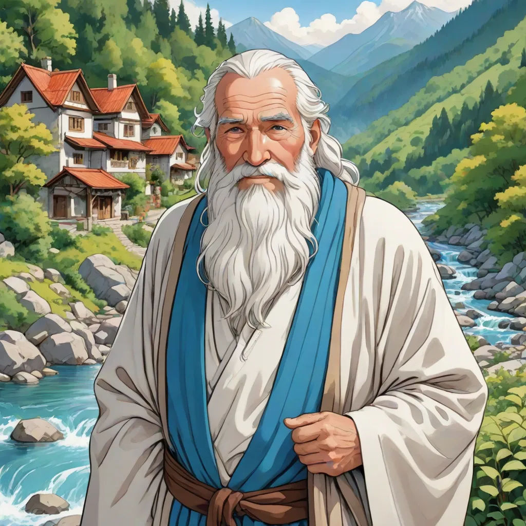 a painting of a man with a long white beard and a blue robe standing in front of a river, kinkade, figurativism, a character portrait, Christophe Vacher