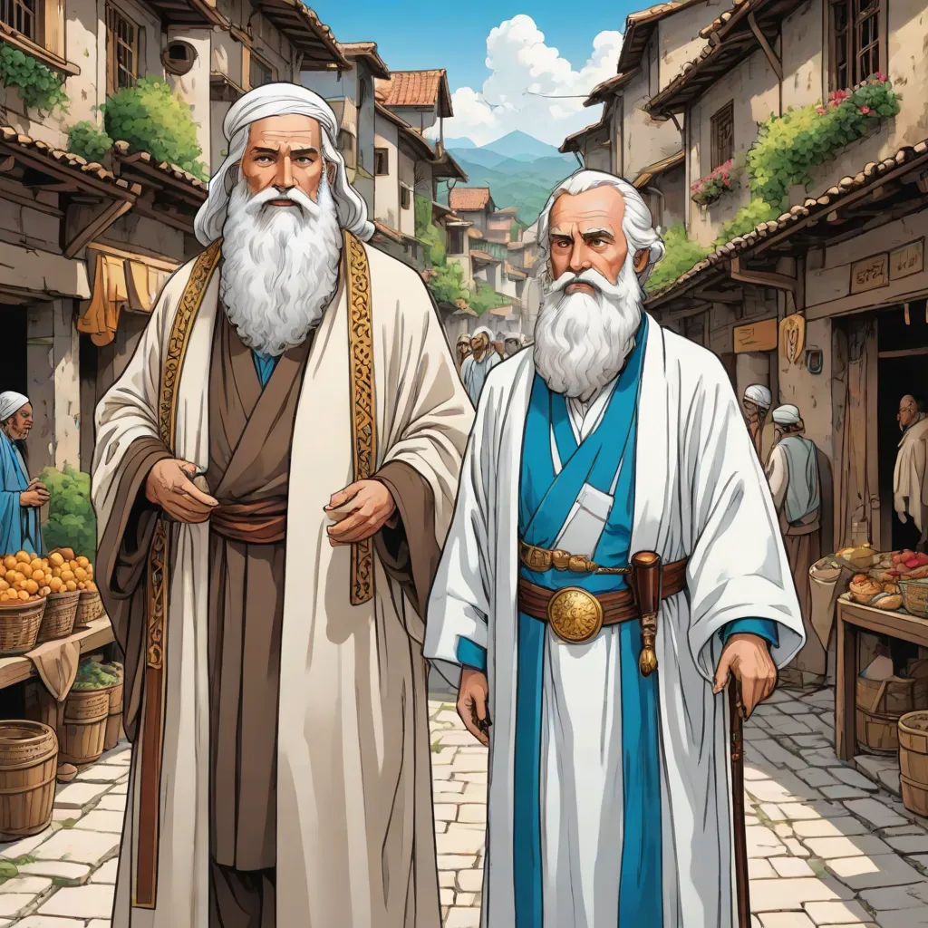 two men in white robes are standing in a village street with oranges and a basket of fruit in the background, official art, excessivism, a storybook illustration, Brothers Hildebrandt