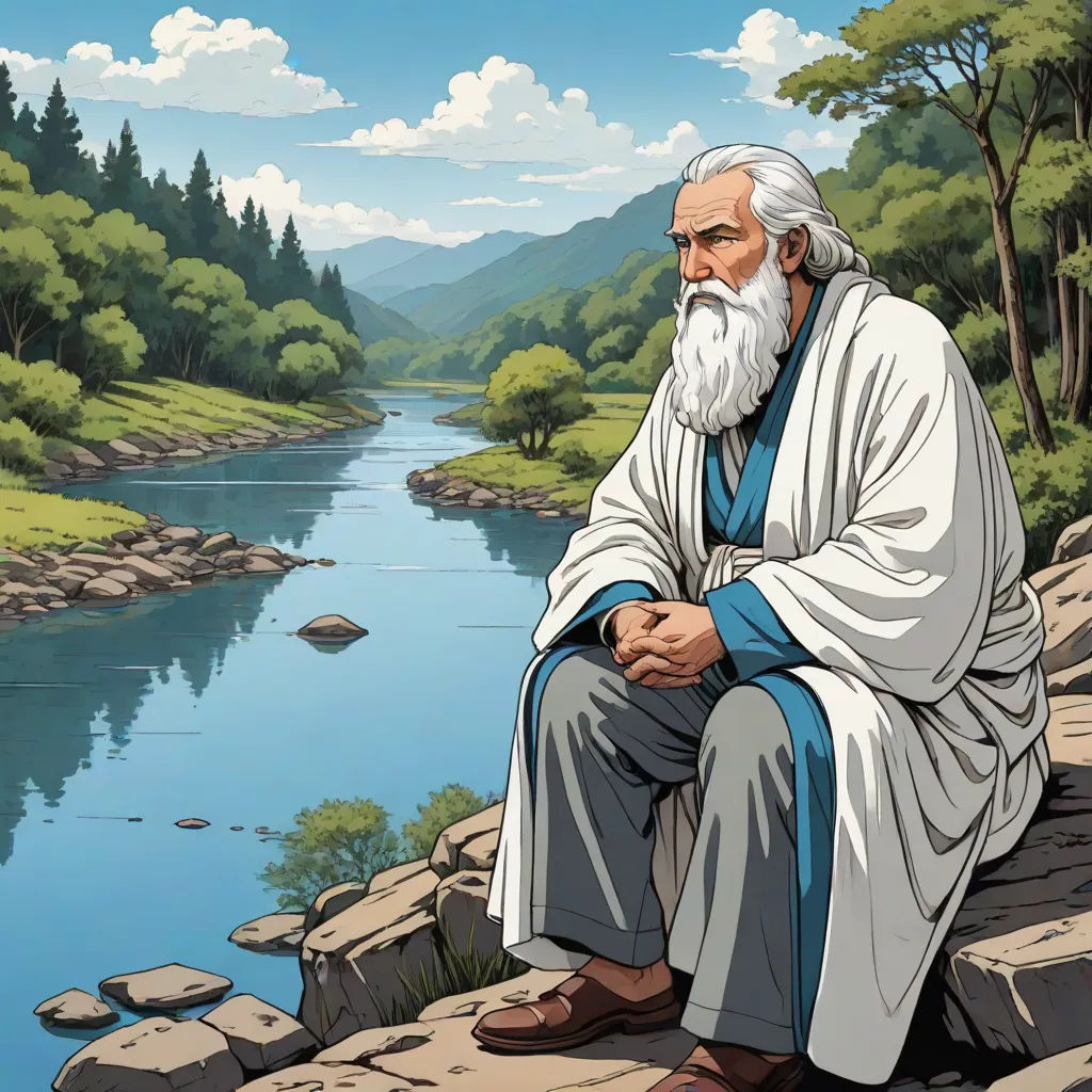 a man sitting on a rock next to a river and a forest in the background with a sky and clouds, official art, figurativism, a comic book panel, Brothers Hildebrandt