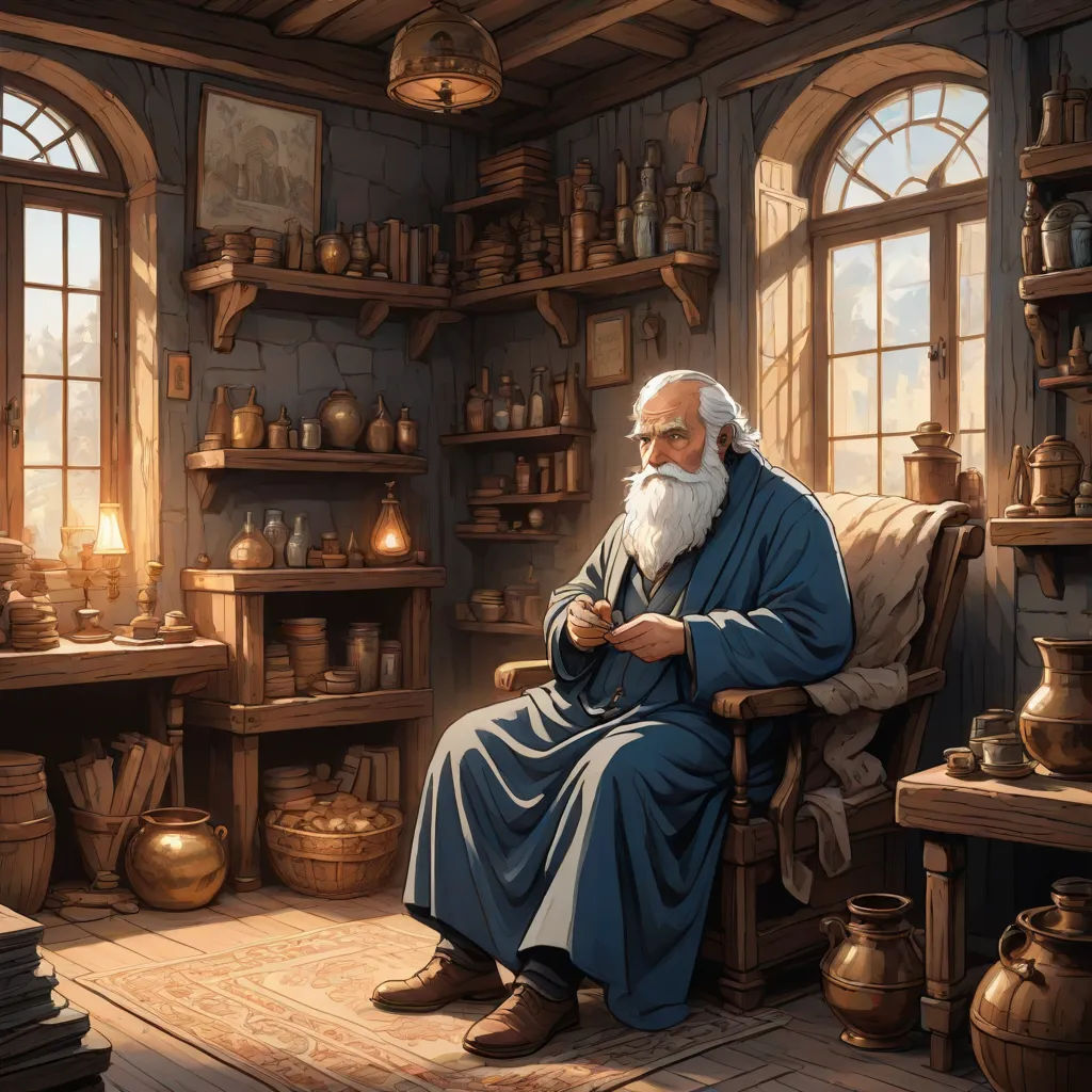a man sitting in a chair in a room with lots of windows and a lot of pots and pans, fantasy artwork, fantasy art, a storybook illustration, Art of Brom