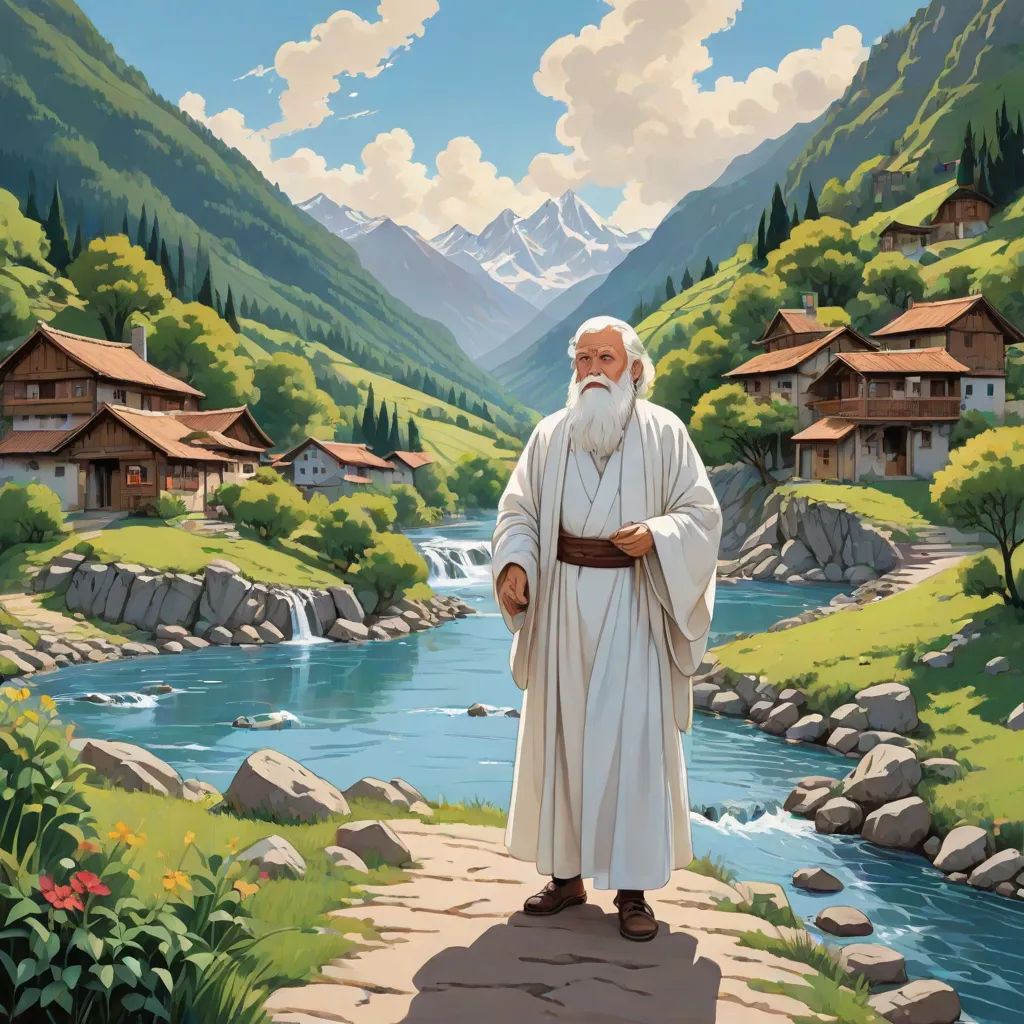 a painting of a man standing on a path near a river and mountains with houses in the background and a stream running through the valley, utopian, excessivism, a storybook illustration, Christophe Vacher