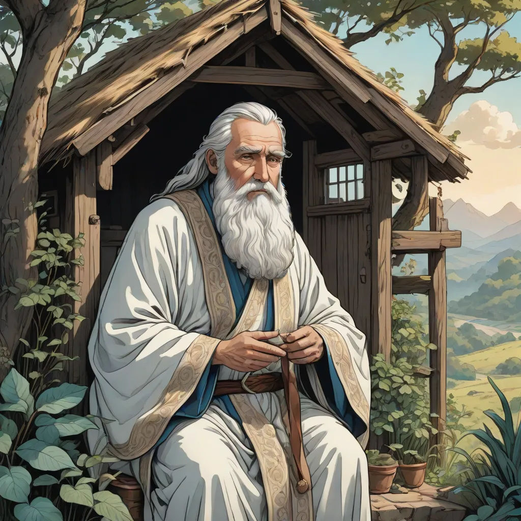 a painting of a man with a long white beard and a white beard sitting in a small hut in the woods, epic fantasy character art, fantasy art, a storybook illustration, Christophe Vacher