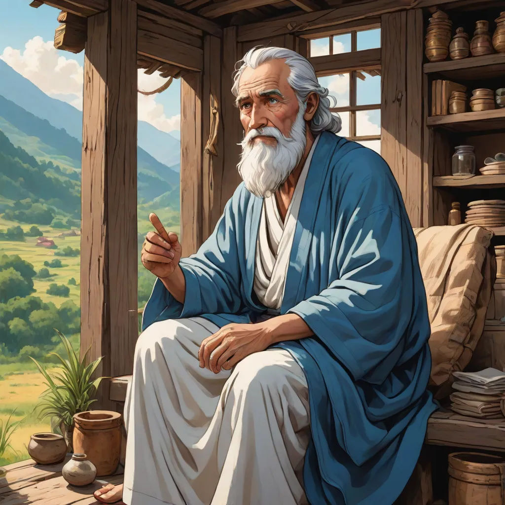a painting of a man sitting on a porch with a mountain view behind him and a potted plant, high detail illustration, figurativism, a storybook illustration, Dionisius