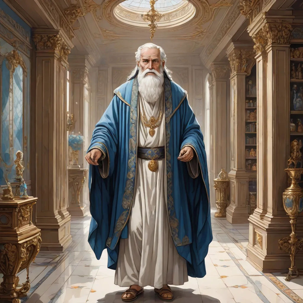 a painting of a man with a beard and a blue robe standing in a room with gold trimmings, highly detailed digital painting, fantasy art, a detailed painting, Donato Giancola