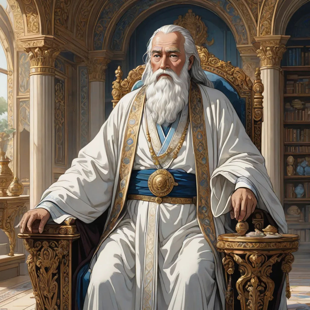 a painting of a man sitting in a chair with a long white beard and wearing a blue robe and gold trim, detailed painting, qajar art, a detailed painting, Donato Giancola