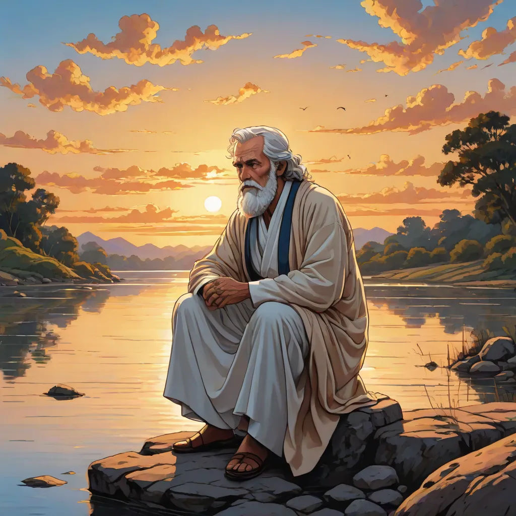 a painting of a man sitting on a rock by a lake at sunset with the sun setting behind him, classical painting, figurativism, a fine art painting, Drew Struzan