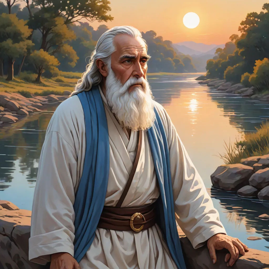 a painting of a man with a beard and a white beard sitting on a rock next to a river, detailed painting, figurativism, a detailed painting, Drew Struzan