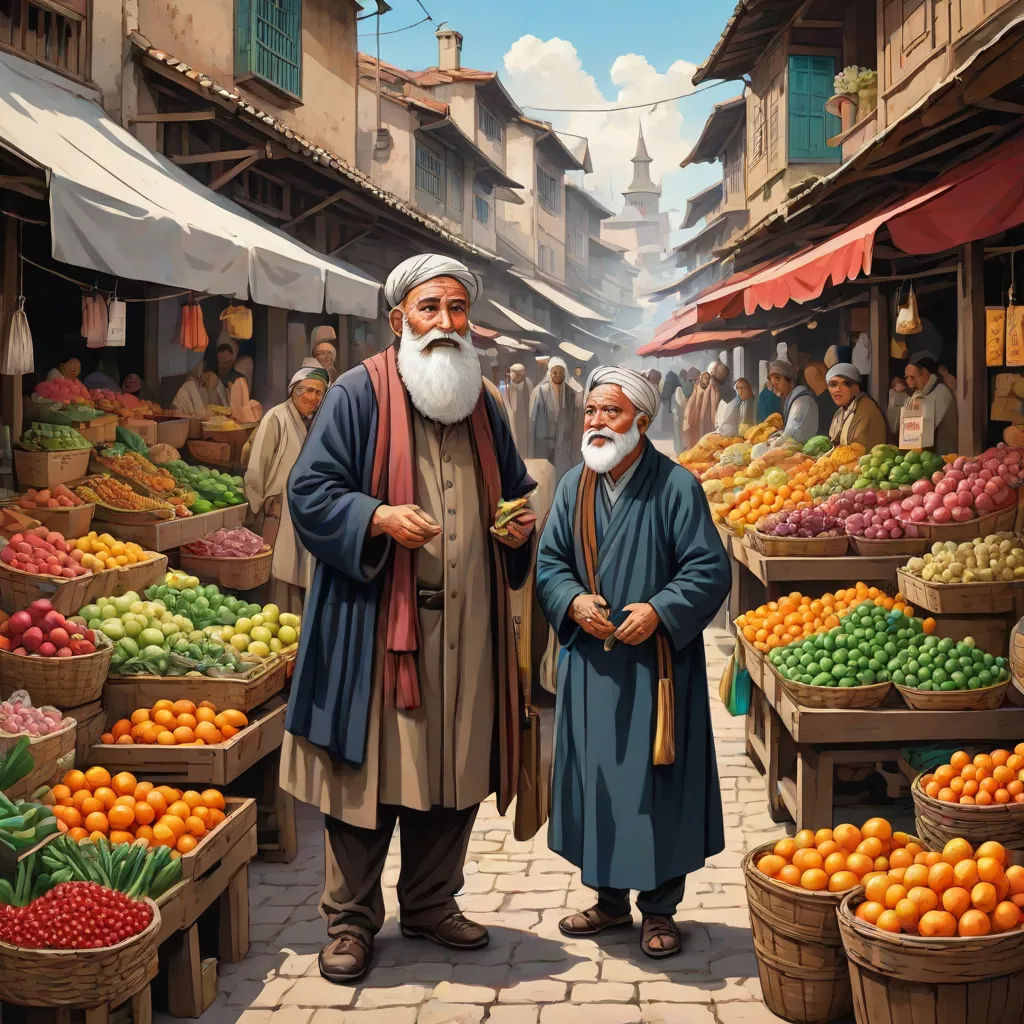 a painting of two men standing in front of a market with lots of fruit and vegetables on display in baskets, highly detailed digital painting, magical realism, a detailed matte painting, Brothers Hildebrandt