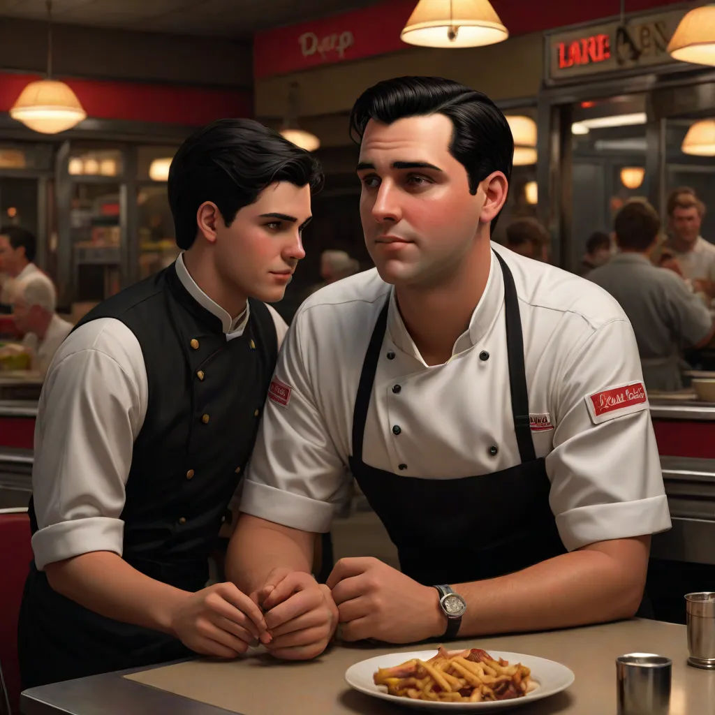 two men sitting at a table in a restaurant with a plate of waffles on it and a cup of coffee, a photorealistic painting, F. Scott Hess, american realism, hyper real