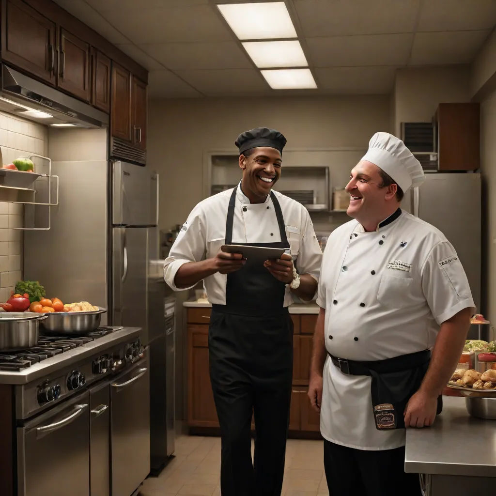 two chefs in a kitchen with a tablet computer in their hands and a smiling man in the background in front of a stove, a stock photo, Enguerrand Quarton, american barbizon school, professional food photography