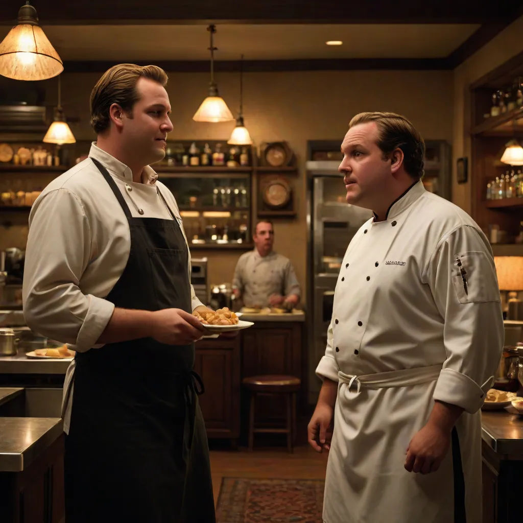 two men in a kitchen talking to each other while one holds a plate of food in his hand and the other is holding a plate of food, a poster, Ed Benedict, american realism, promotional image