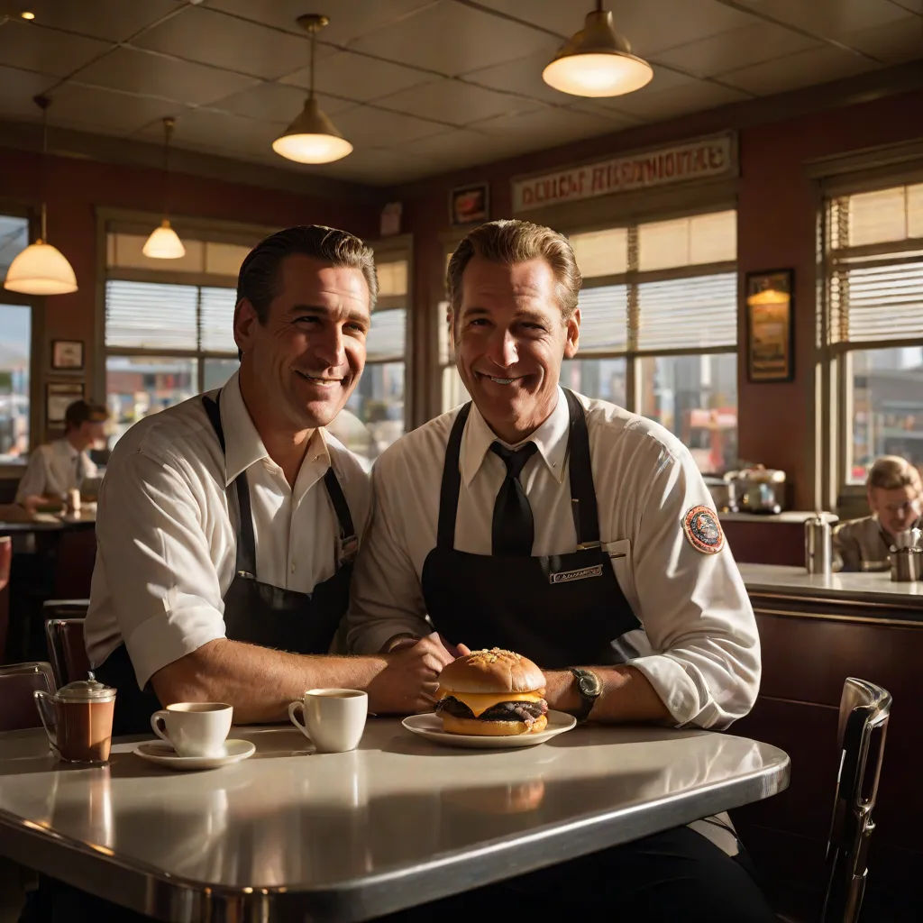 two men sitting at a table with a sandwich in front of them and cups of coffee in front of them, a colorized photo, Ed Benedict, american realism, promotional image