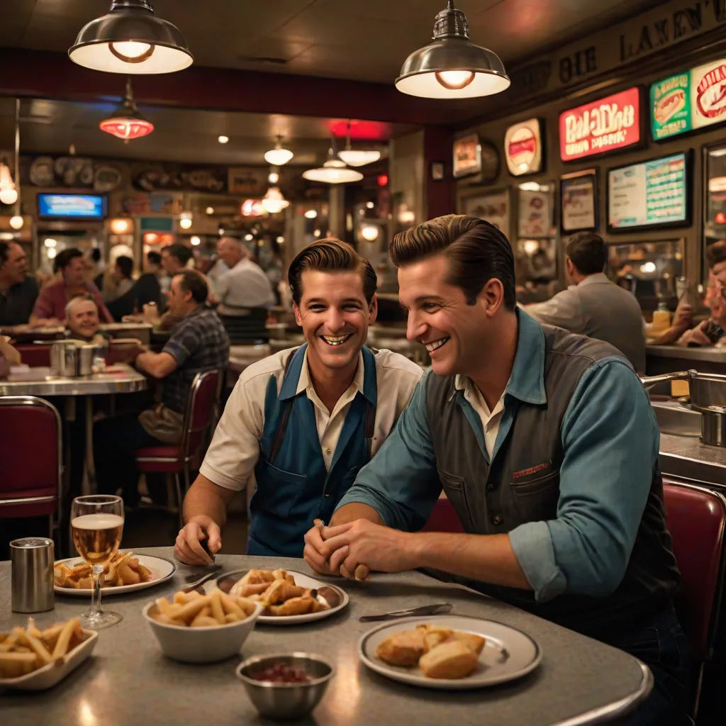 two men sitting at a table with plates of food in front of them smiling at the camera man is sitting next to the table, a colorized photo, Brothers Hildebrandt, american scene painting, promotional image