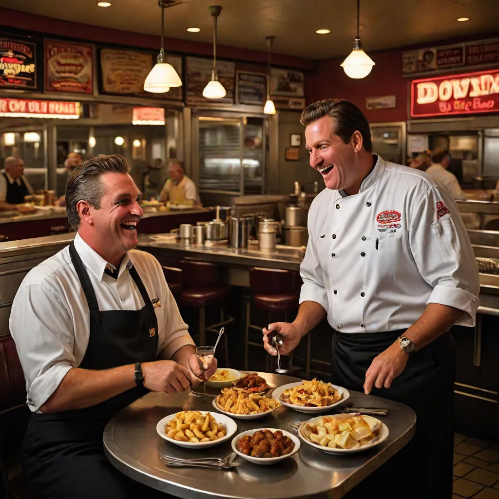 two men in a restaurant with plates of food on a table and a man in a chef's hat, a character portrait, Brian 'Chippy' Dugan, regionalism, promotional image