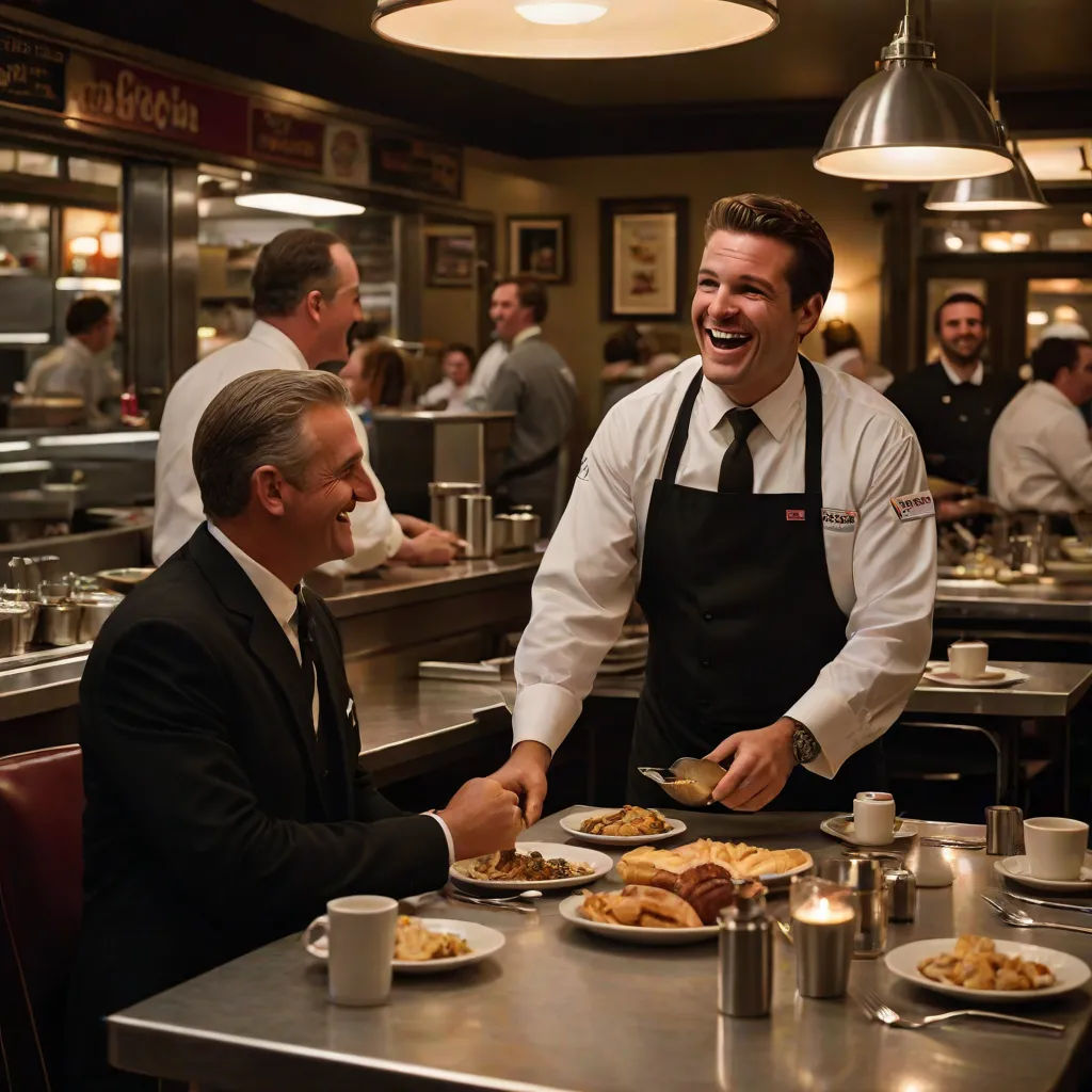 a man in a restaurant serving food to another man in a restaurant kitchen, smiling at him and laughing, a colorized photo, Ed Benedict, american realism, j. c. leyendecker 8 k