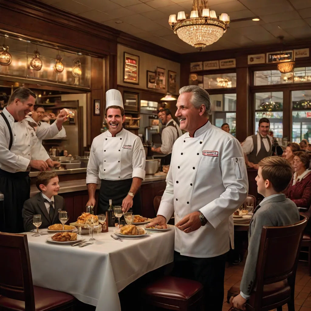 a group of chefs standing around a table with food on it and people in the background watching them eat, a storybook illustration, F Scott Hess, american impressionism, professional food photography