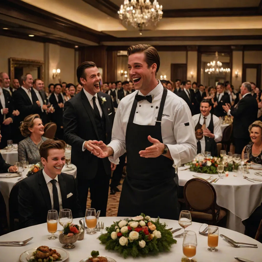 a man in a black suit and tie standing in front of a table with food and drinks on it, a stock photo, Aaron Bohrod, kitsch movement, j. c. leyendecker 8 k