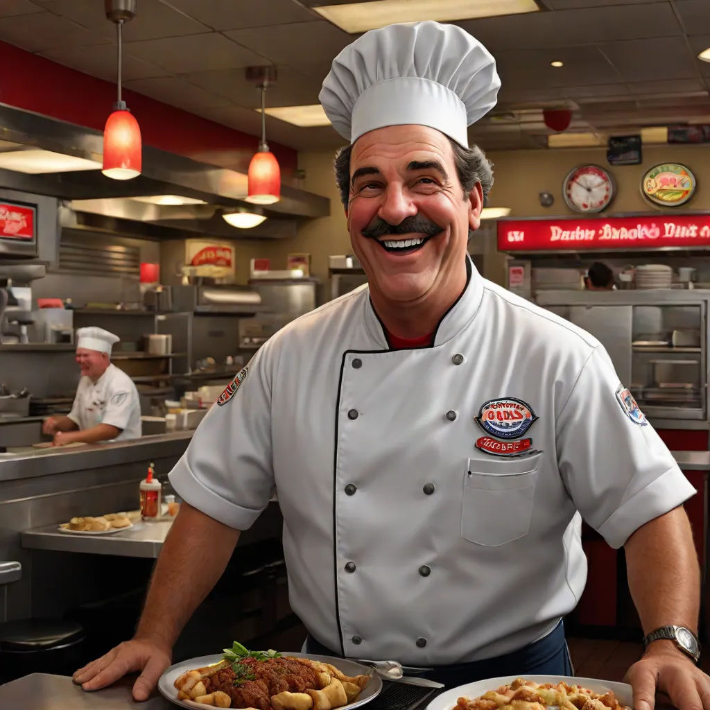 a man in a chef's hat is holding a plate of food in a restaurant kitchen with other people in the background, a digital rendering, Ed Benedict, sots art, professional food photography