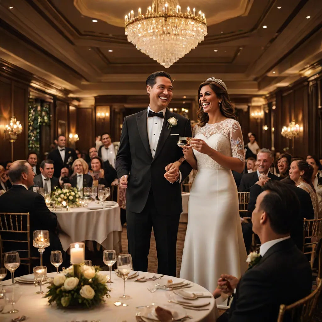 a bride and groom standing in front of a crowd of people at a wedding reception in a ballroom with chandeliers, a storybook illustration, Anne Rigney, arabesque, anamorphic lens flare