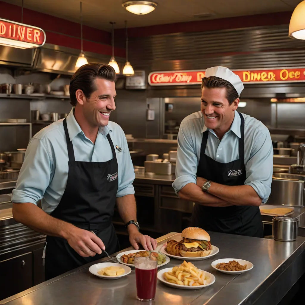 two men in aprons are preparing food in a restaurant kitchen, one is smiling at the camera and the other is smiling, a stock photo, Brian 'Chippy' Dugan, american scene painting, promotional image