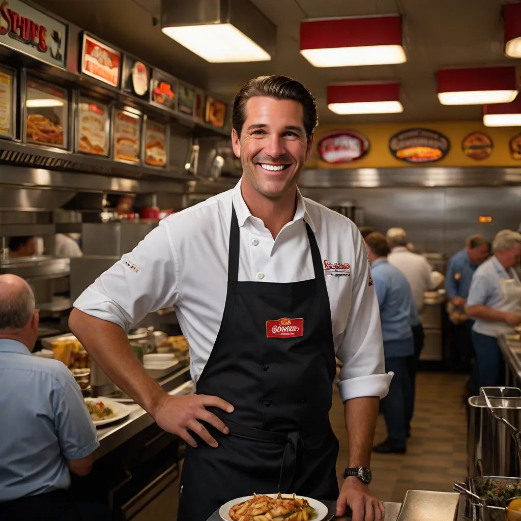 a man standing in a kitchen with a plate of food in front of him and people in the background, a character portrait, Brian 'Chippy' Dugan, remodernism, professional food photography
