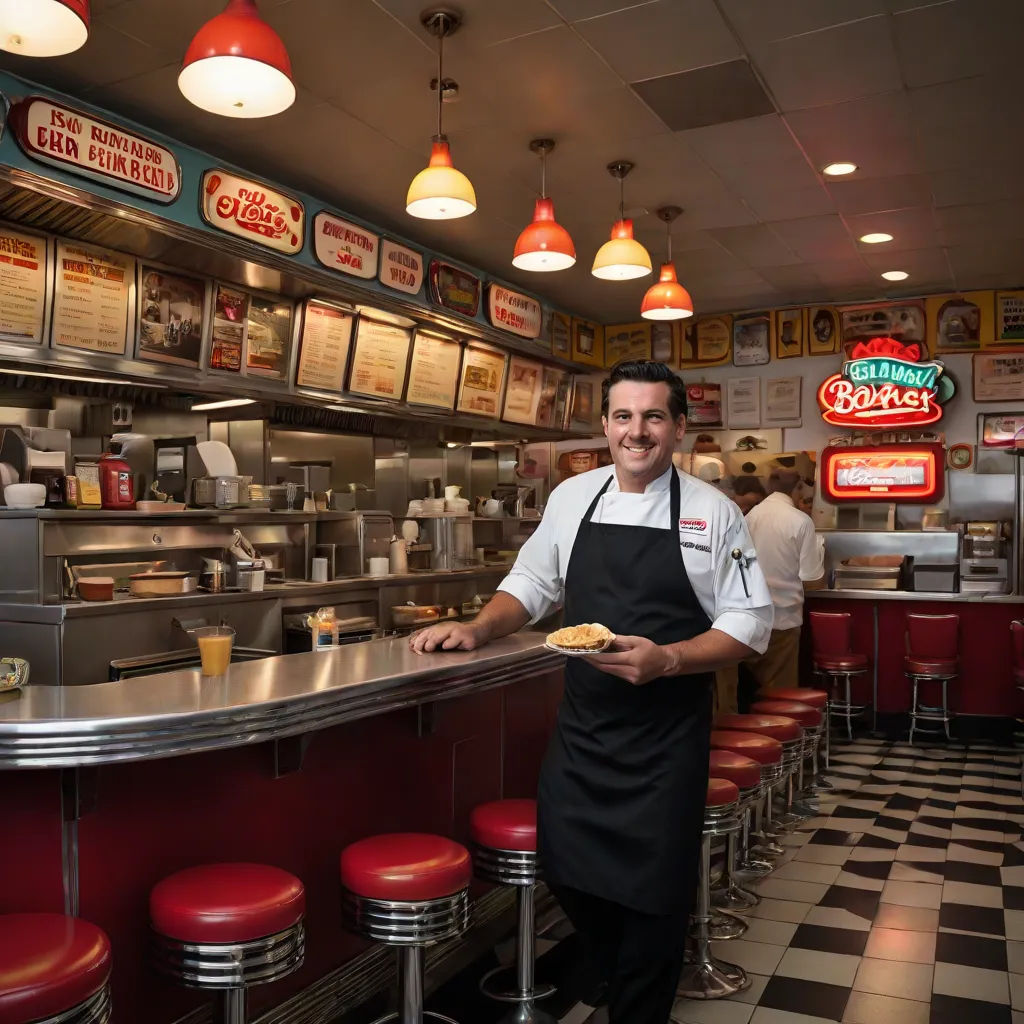 a man standing in a restaurant with a pizza on a plate in front of him and a checkered floor, a character portrait, Ed Benedict, american scene painting, professional food photography