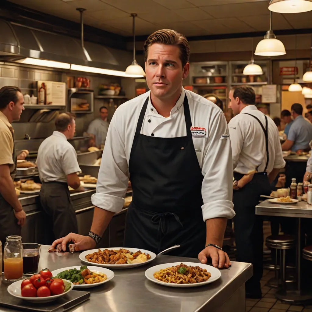 a man in a restaurant kitchen with plates of food on the counter and people in the background working in the kitchen, a colorized photo, Ed Benedict, american realism, promotional image