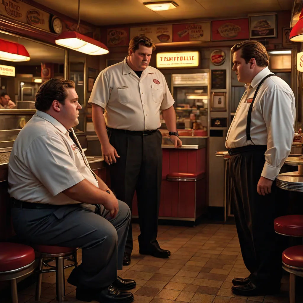 three men in a diner talking to each other and one man in a tie and white shirt and tie, a renaissance painting, David Budd, american realism, promotional image