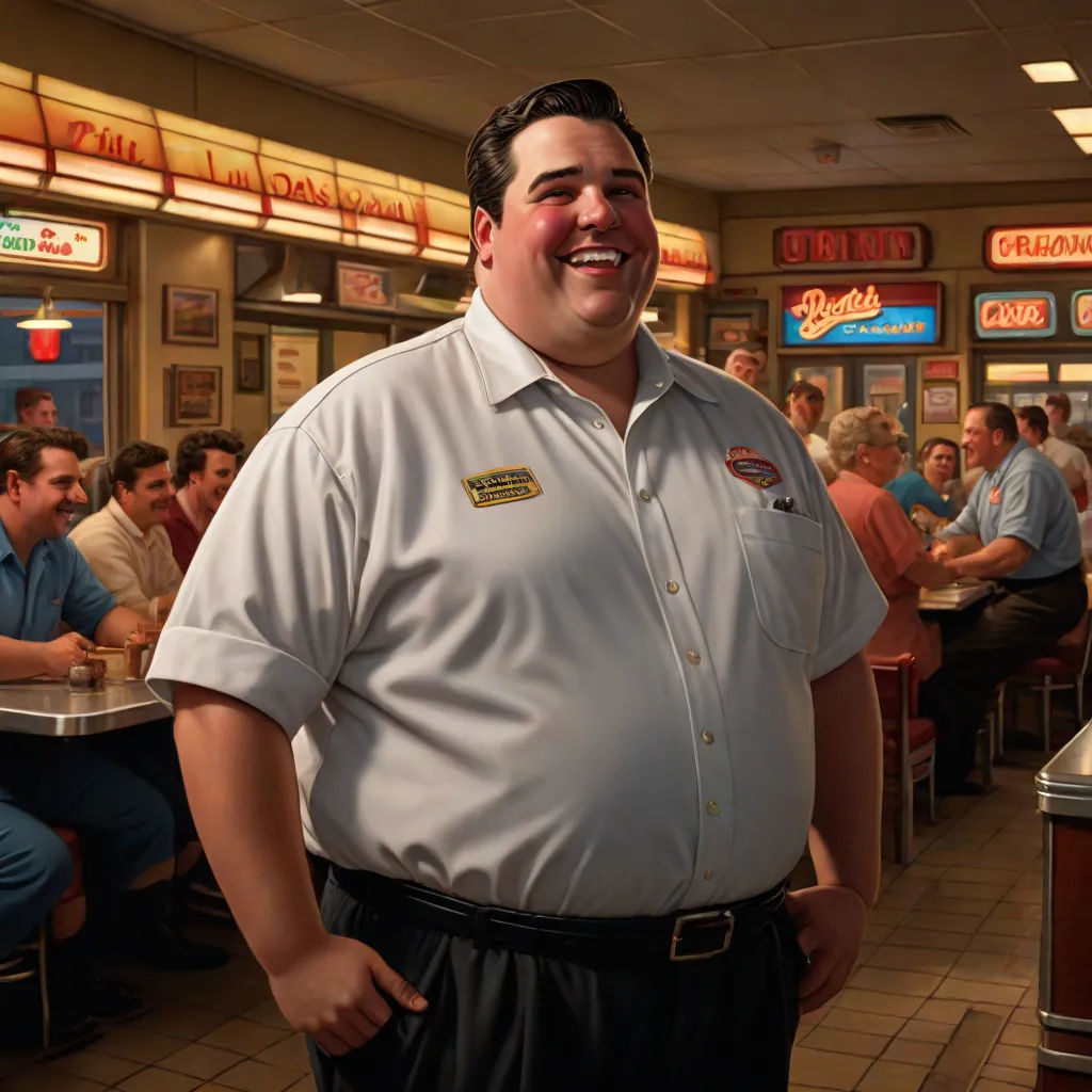a man standing in a restaurant with a smile on his face and a lot of people sitting at tables, a character portrait, F. Scott Hess, american realism, hyper real