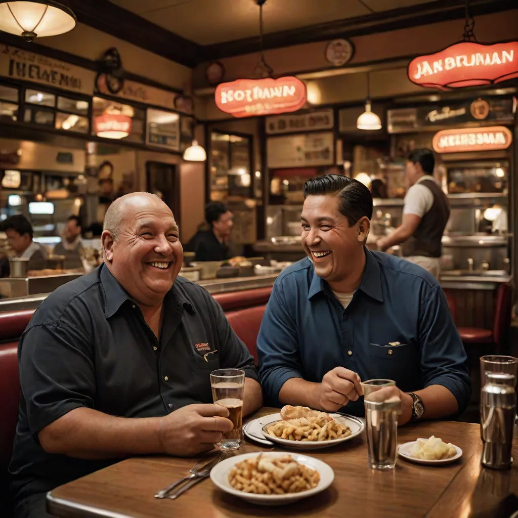 two men sitting at a table with food and drinks in front of them in a restaurant with people in the background, a stock photo, Brothers Hildebrandt, american realism, cinematic photography