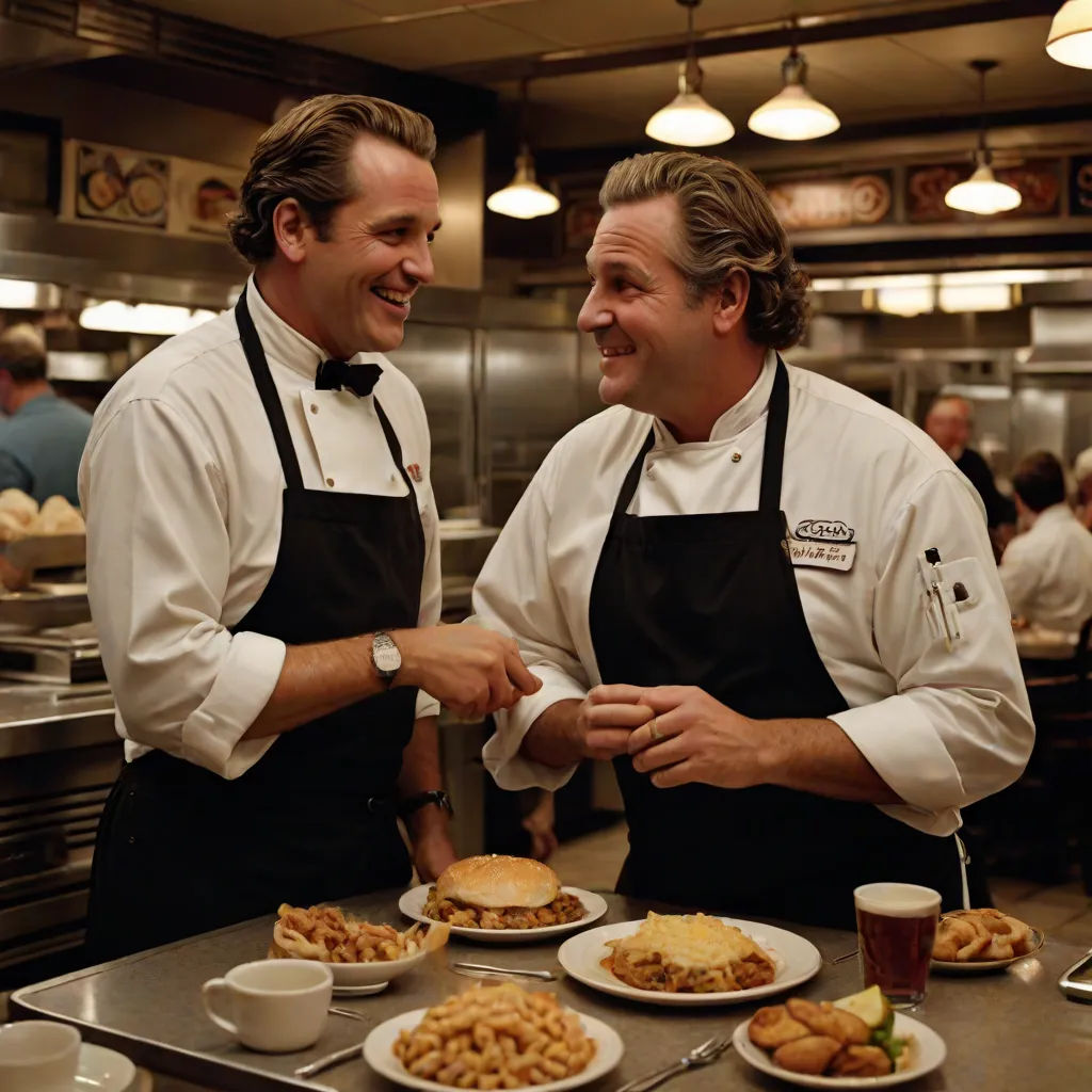 two men in aprons standing in front of a table of food and drinks in a restaurant kitchen, one of them is smiling, a stock photo, Ed Benedict, american barbizon school, promotional image