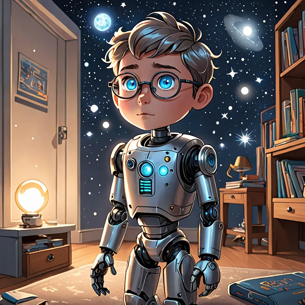 a cartoon boy in a room with a bookcase and a book case and a robot in the foreground, space art, a storybook illustration, Diego Gisbert Llorens, rossdraws global illumination
