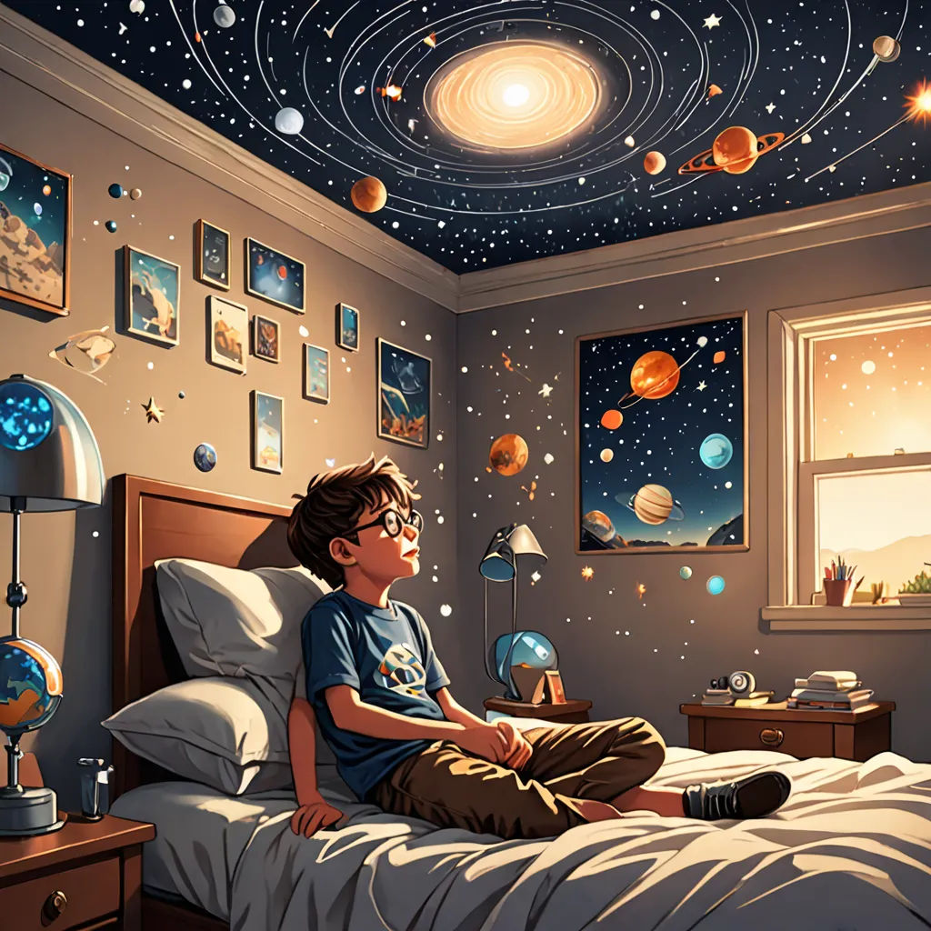 a boy sitting on a bed in a room with a solar system painted on the ceiling and a window, space art, a storybook illustration, Chris LaBrooy, space