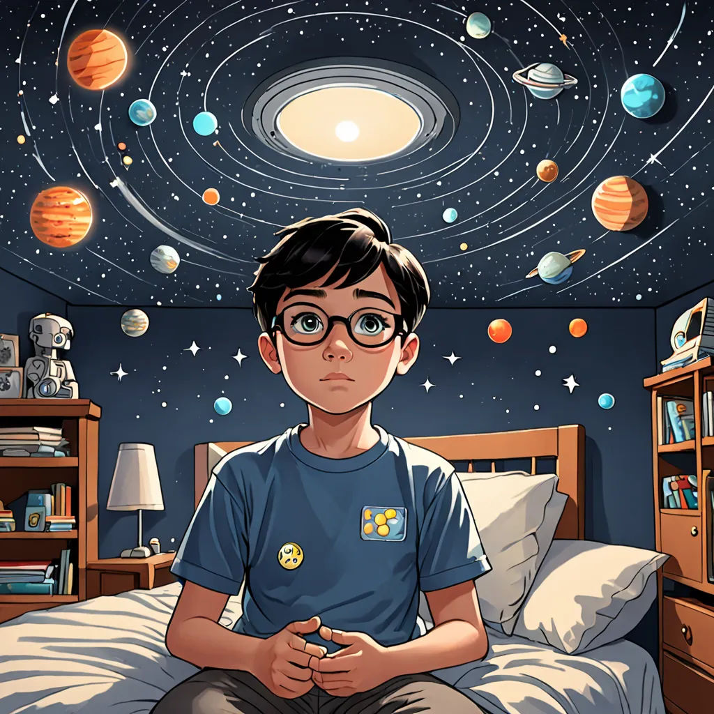 a boy sitting on a bed in a room with planets and stars in the sky above him is a bed with a bookcase and a lamp, space art, a comic book panel, Aaron Jasinski, comic cover art