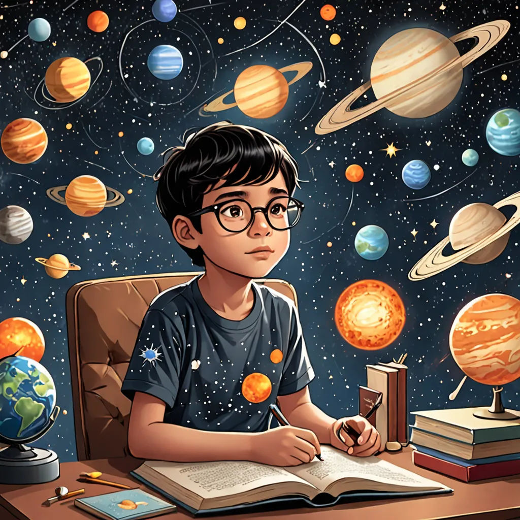 a boy sitting at a desk with a book and a pen in front of him and a solar system in the background, space art, a storybook illustration, Diego Gisbert Llorens, highly detailed digital painting
